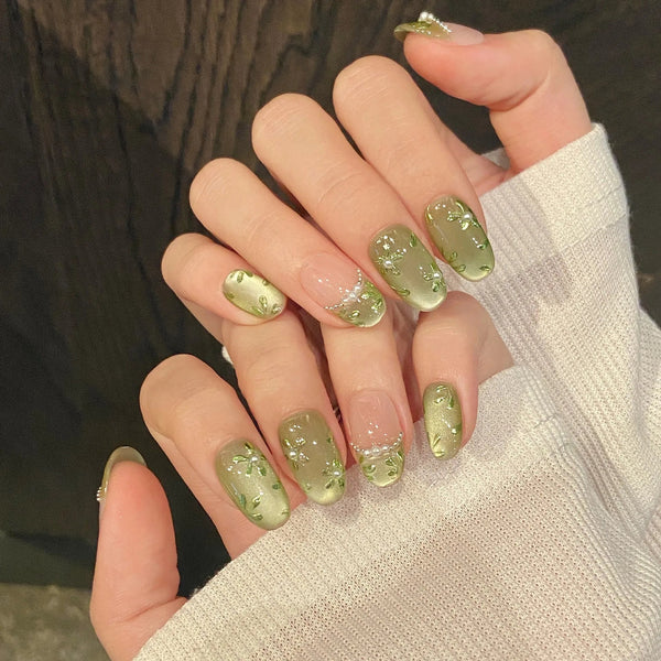 Groene Bloemen Nageltips - VelvetRoots